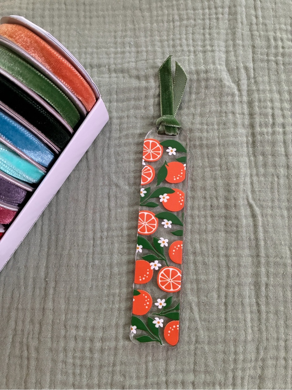 Orange Fruit Pattern Bookmark with Green Ribbon